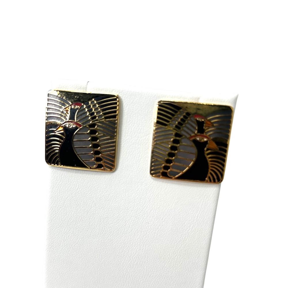 VTG Laurel Burch Moondoves Square‎ Enamel Bird Earrings Gold Tone Studs